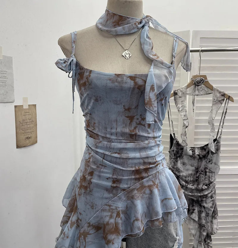 Women's Vintage Tie-dye Printed Mesh Spaghetti Strap Camisole Hot Girl Irregular Ruffled Ribbon Sleeveless Top Partyclub 1185
