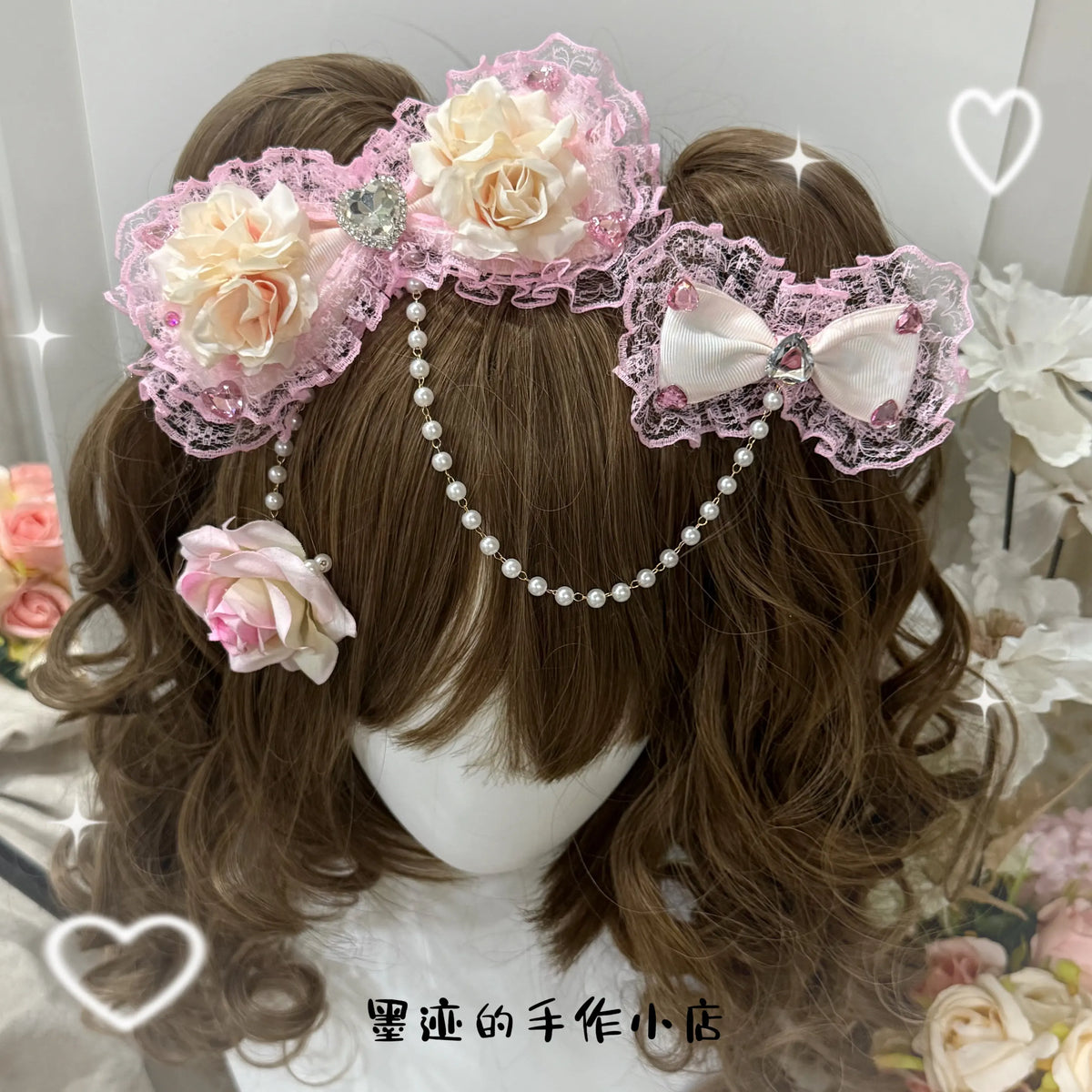 Lace Bow Hairpin with Pearl Chain & Floral Accents