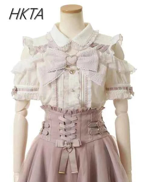 Japanese Liz New Spring Lace Edge Leather Ring High Waist Pleated Skirt Ribbon Bow Short Plaid Skirts Big Bow Lolita Blouses