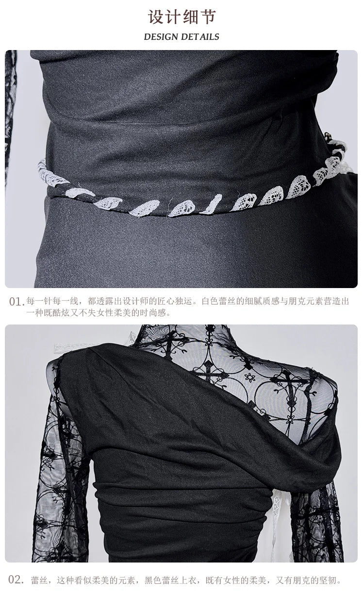 Original Design Punk Rock Cross Patch Long Sleeve Slash Tshirt Gothic Women Subculture Lace Ruffled Holloween Tee Tops Clothing SS69