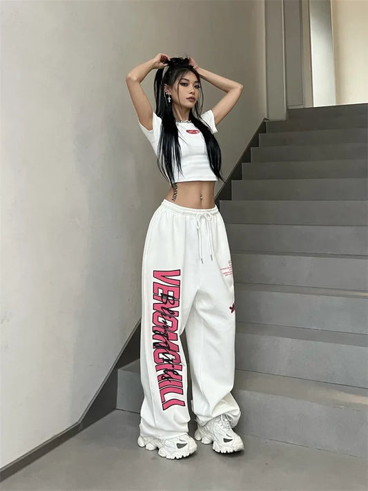 Korean Y2K Streetwear White Jogging Sweatpants Women Harajuku Sports Pants Oversized Hip Hop Letter Wide Leg Trousers - SS69
