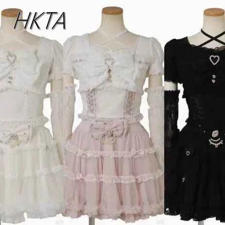 Japanese Sweet Heavy Industry Splicing Sleeve Strap Lace Bow Lace Shirt Summer Autumn New Elastic Slim Long-sleeve Tshirt Top