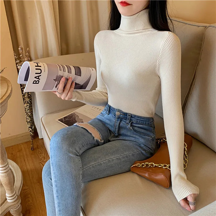 2025 Autumn Winter Women Long Sleeve Knitted Foldover Turtleneck Ribbed Pull Sweater Soft Warm Femme Jumper Pullover Clothes SS69
