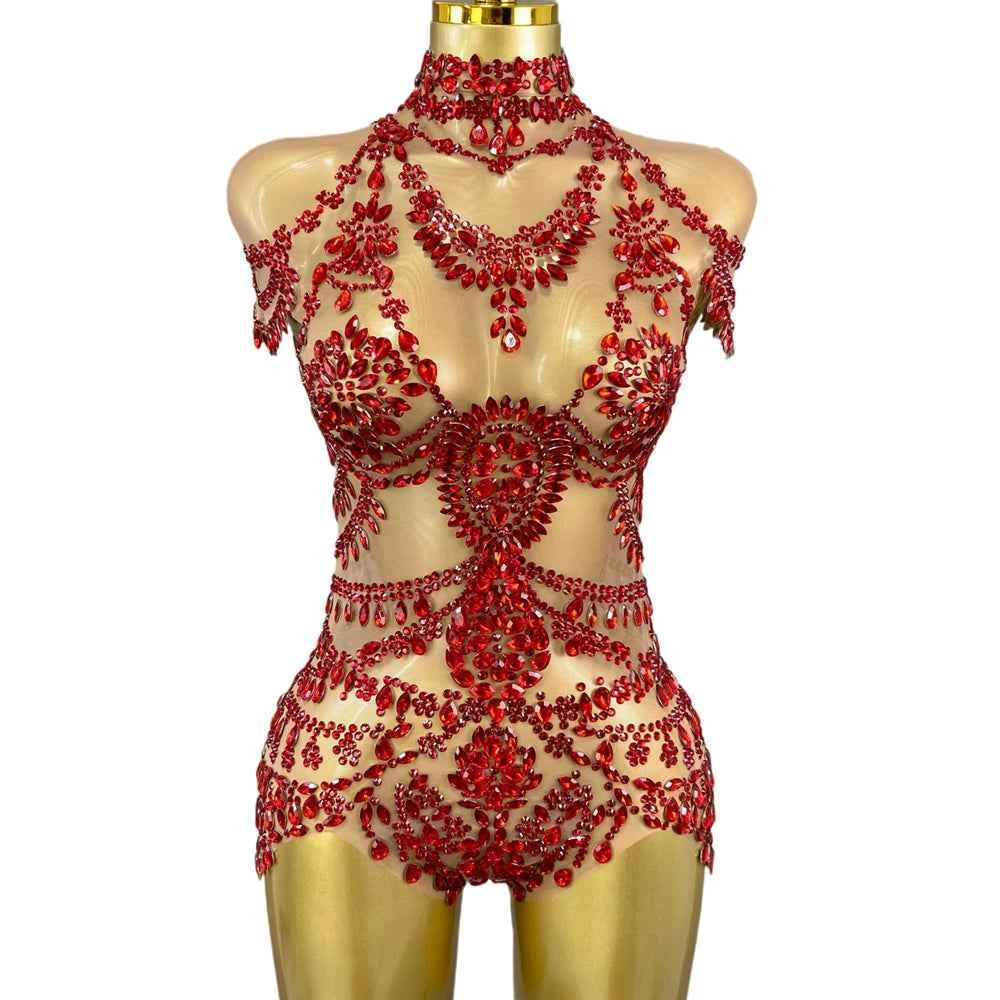 Sparkly Rhinestones Bodysuit Women Sexy Mesh Transparent Party Leotard Performance Dance Costume Singer Dancer Show Stage Wear