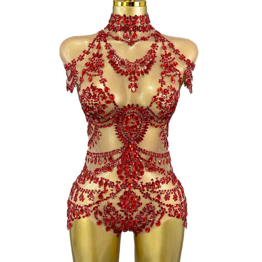 Sparkly Rhinestones Bodysuit Women Sexy Mesh Transparent Party Leotard Performance Dance Costume Singer Dancer Show Stage Wear