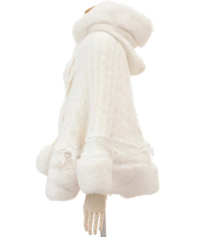 Godivana Lolita Style Faux Rabbit Fur Cape Coat with Bow & Rhinestones - White
