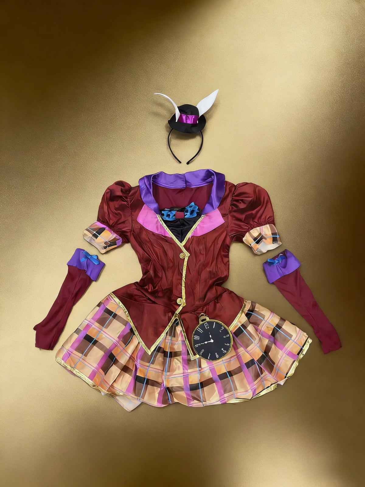 Alice Theme Rabbit Girl Costume Set, Plaid Dress with Clock Decor for Halloween Cosplay Party