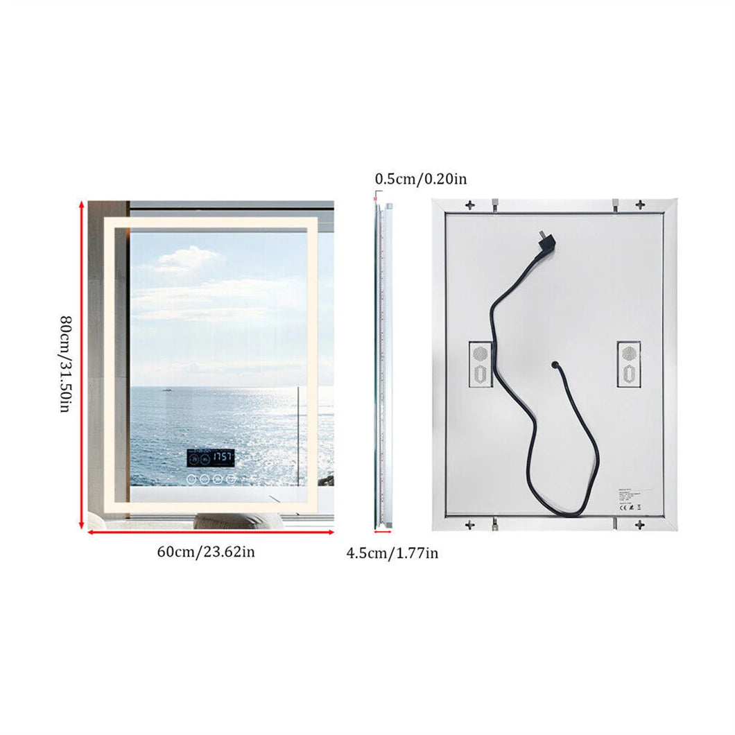 Smart LED Bathroom Mirror Rectangle Wall Mount Mirror w Bluetooth Speaker,Time,Temperature,Light Memory,Front & Backlit,Anti-Fog SS69 175.69 600x800mm / United States