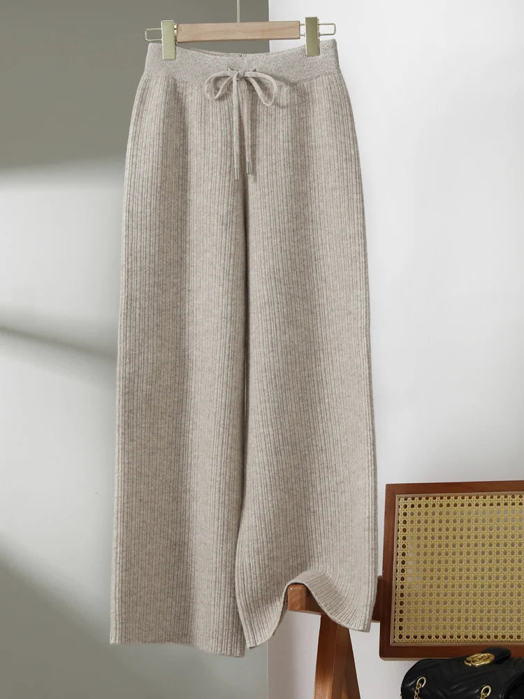 Yoyoselect New Popular Women Wide-Leg Wool Pants 100% Merino Wool Quality Soft Trousers Basic Casual Knitted Elastic Waist Slack SS69 85.69 Light Camel / XXL
