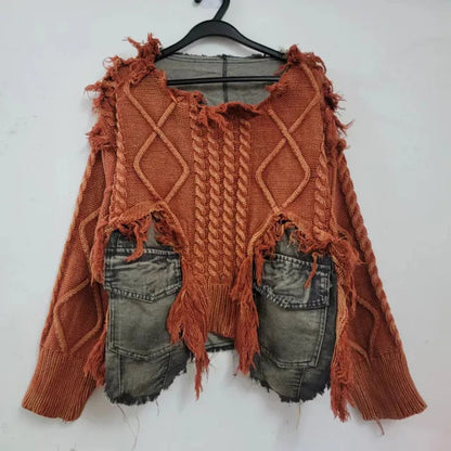 [EWQ] Vintage Long Sleeve Denim Pockets Patchwork V-Neck Orange-red Sweater Loose Tops Old Designs Women Pullover Knitted 6U1329 SS69