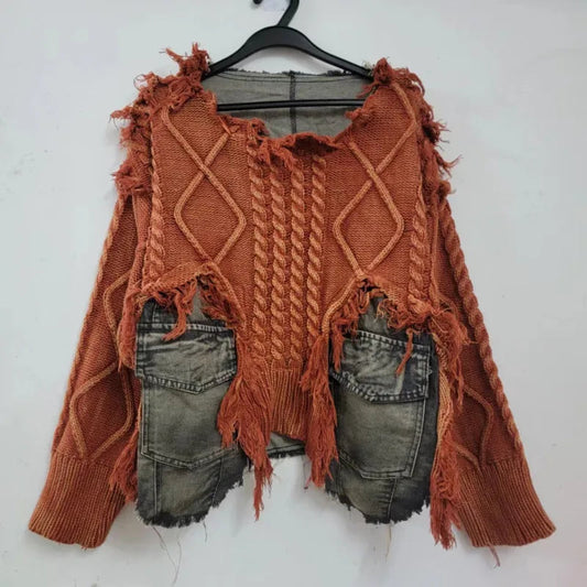 [EWQ] Vintage Long Sleeve Denim Pockets Patchwork V-Neck Orange-red Sweater Loose Tops Old Designs Women Pullover Knitted 6U1329 SS69