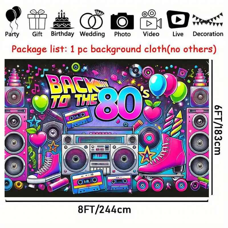 Retro 80s party background - polyester background, neon lights, tapes, amplifiers and the text "Back to the 80s"