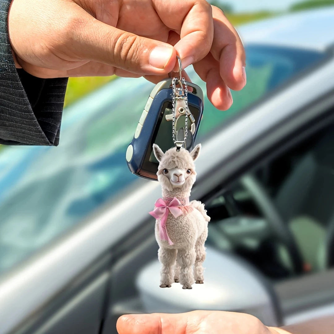 1 Cute Alpaca Acrylic Keychain 2D Graphic Design with Pink Bow Perfect for Car Rearview Mirror Home Decor PendantCarDecorations SS69