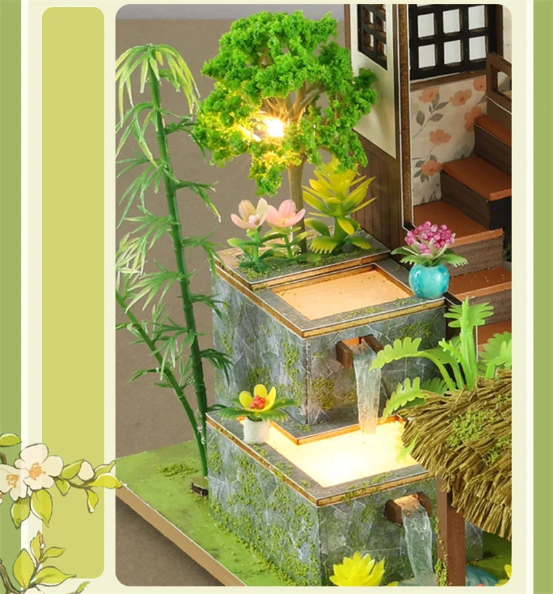 DIY Wooden Bamboo Spring Courtyard Casa Miniature Building Kits Bookend Assembled Dollhouses Bookshelf Home Decor Friends Gifts SS69