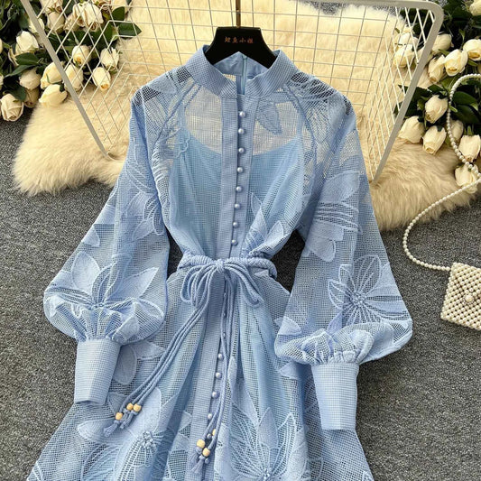 SINGREINY Women Elegant Floral Emboridery Dress Hollow Out Long Sleeve Single Breasted Belt French Court Chic Short A Line Dress