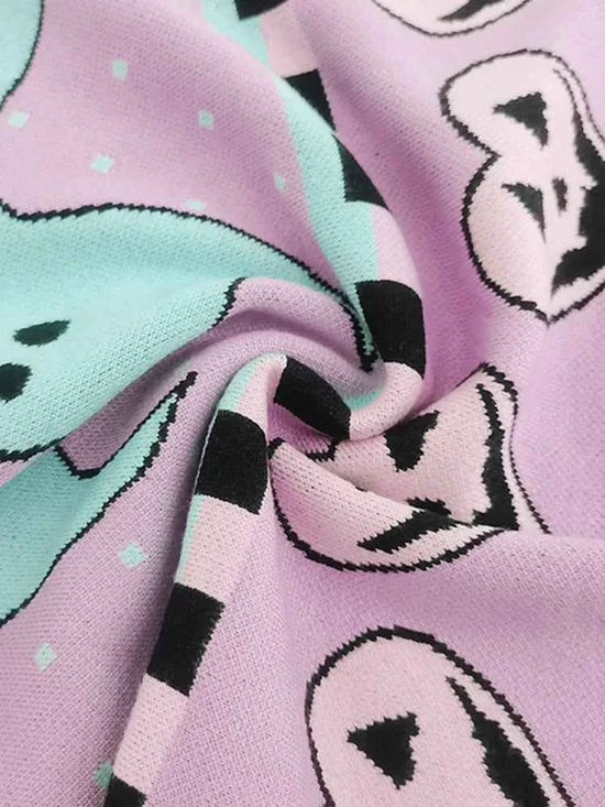 Yangelo Pink Kawaii Sweater Women's Knitted Top Gothic Ghost Bat Pattern Autumn Winter Warm Fairy Grunge Clothing
