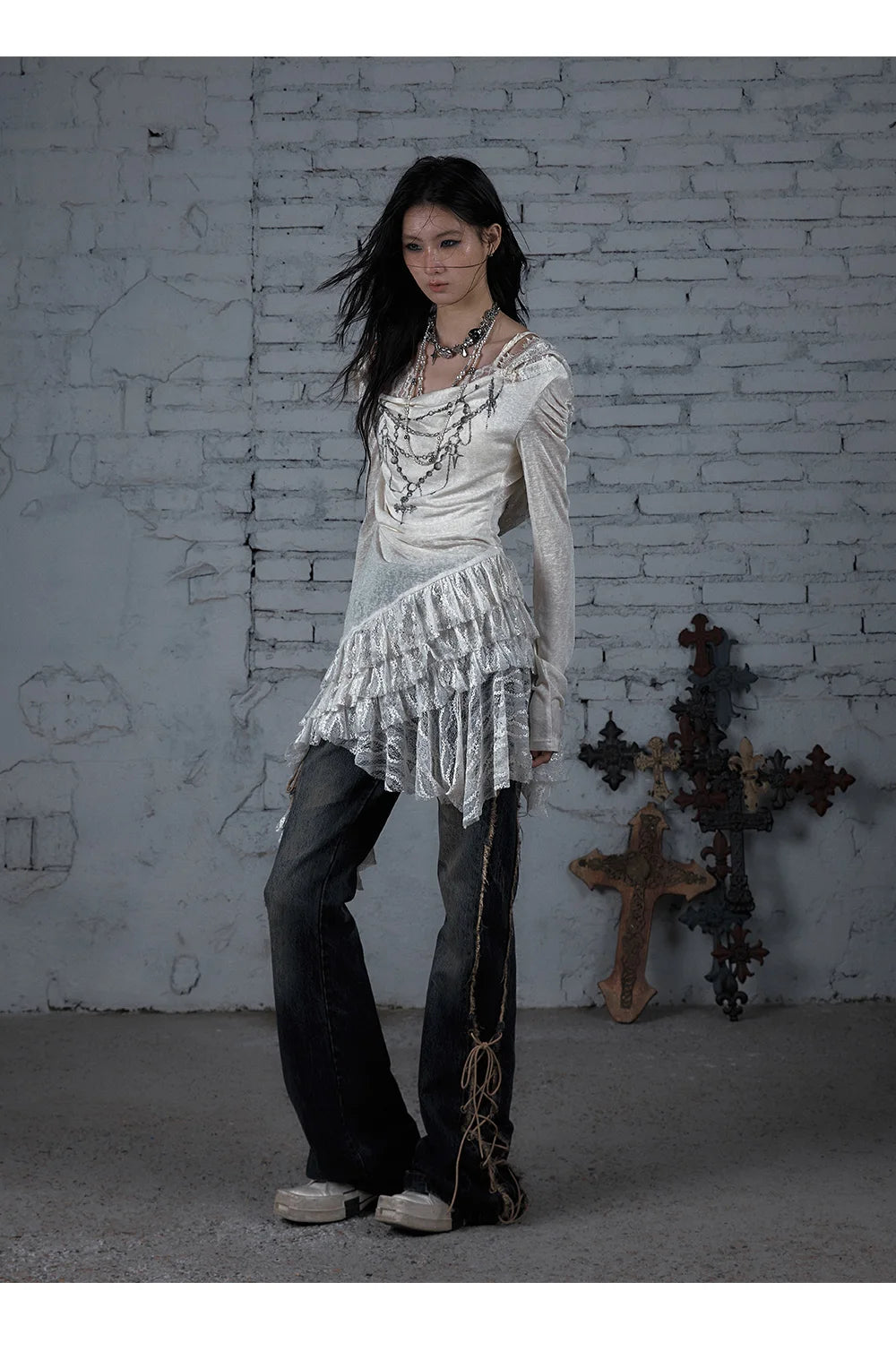 NO ROMANCE Fairy Sexy Punk Printing Half Transparent Lace Patch Knitted Long Sleeve Hooded Dresses Rock Gothic Design Vestidos SS69