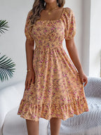 Summer Women's Beach Dress Floral 3D Print Square Neck Short-Sleeved Ladies Waist Ruffled A-Line Dress For Women Holiday Dresses