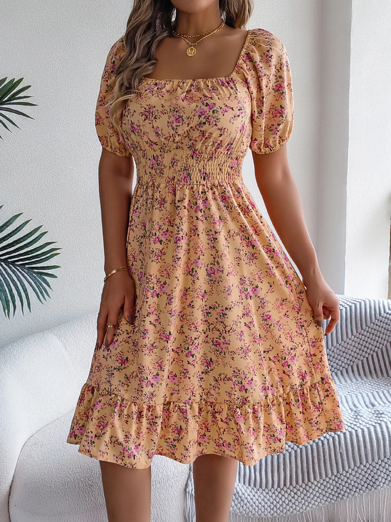 Summer Women's Beach Dress Floral 3D Print Square Neck Short-Sleeved Ladies Waist Ruffled A-Line Dress For Women Holiday Dresses