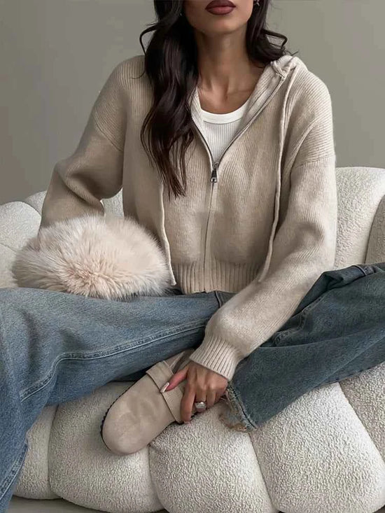Autumn Knitted Women's Short Cardigan with Zipper Gray Winter Sweater Casual Cute Vintage White Cardigan for Women with Hood