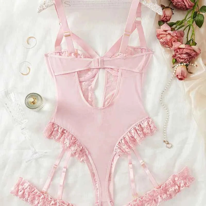 2pcs Red Floral Lace Garter Lingerie Set With Choker Women Intimates 2025 Underwire Bra And Thongs Ladies Underwear Set