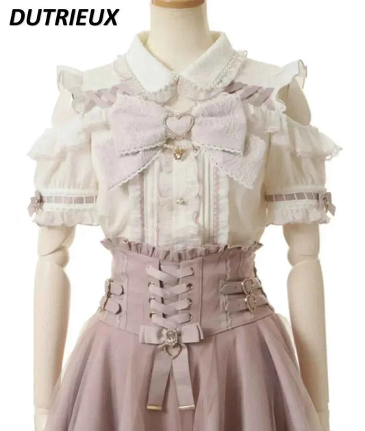 Japanese Mine Off-Shoulder Pearl Collar Cute Sweet Big Bow Shirt Skirt Outfit Women Summer New Lolita Short-Sleeved Shirt Skirts