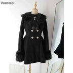 Autumn Winter Japanese Kawaii Lolita Woolen Coat Women Sweet Bow Plush Slim Jacket Female Korean Style Warm Dress Cute Overcoat
