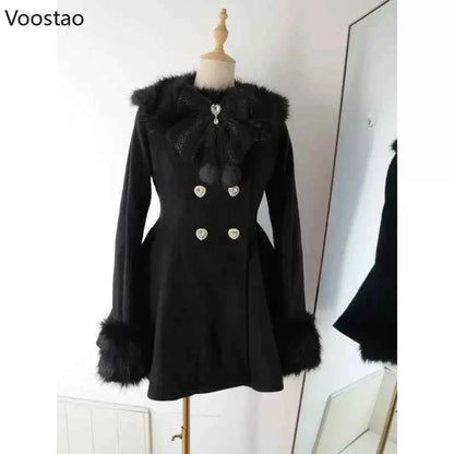 Autumn Winter Japanese Kawaii Lolita Woolen Coat Women Sweet Bow Plush Slim Jacket Female Korean Style Warm Dress Cute Overcoat
