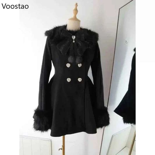 Autumn Winter Japanese Kawaii Lolita Woolen Coat Women Sweet Bow Plush Slim Jacket Female Korean Style Warm Dress Cute Overcoat