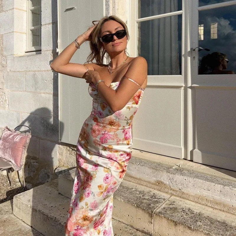 New Floral Suspender Split Slim Sleeveless Patry Beach Style Spaghetti Strap Dress Women Clothes Mini Dress 2024 Summer SS69