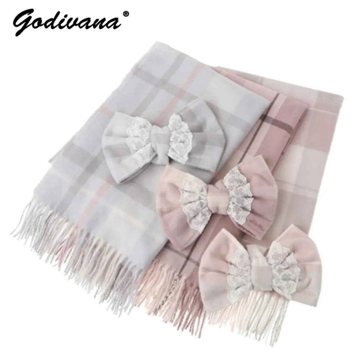 Japanese Liz New Lazy Wind Girls Sweet Plaid Lace Bow Scarf Soft Warm Women's Winter Lolita Scarf
