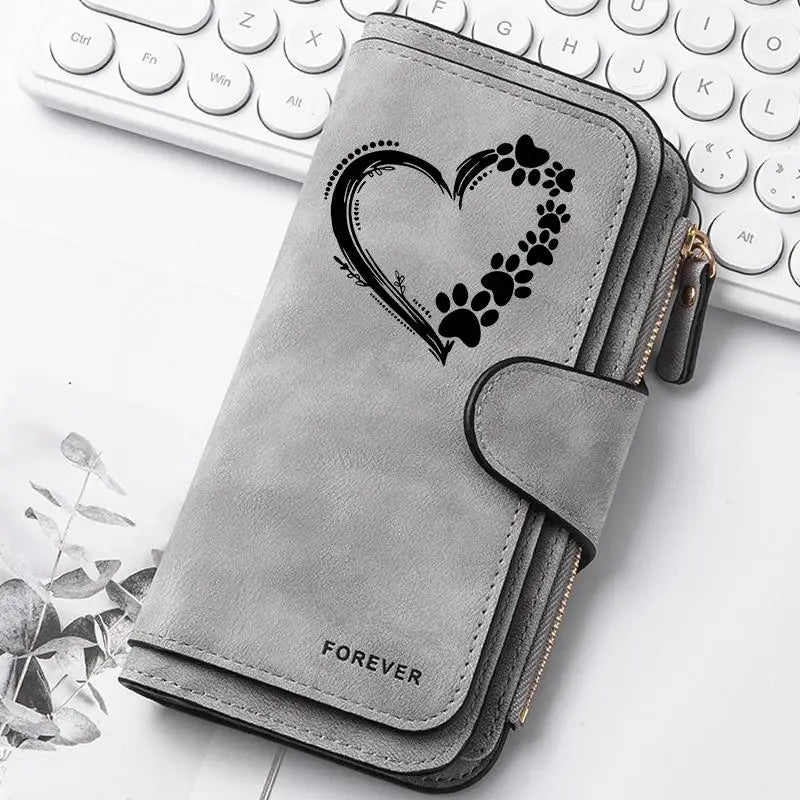 ZeAiLi Long PU Leather Clutch Wallet with Animal Paw and Butterfly Print