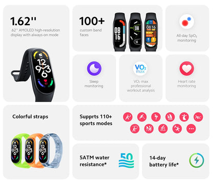 Xiaomi Mi Band 7 Smart Fitness Tracker, 1.62" AMOLED Display, 110+ Sport Modes