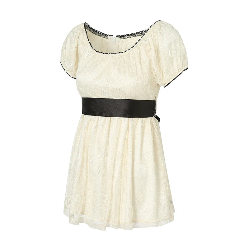 Xingqing 2024 Sweet Fairy Grunge Lace A Line Dresses Summer Women Patchwork Puff Sleeve Kawaii Dress 2000s Aesthetic Outfits SS69