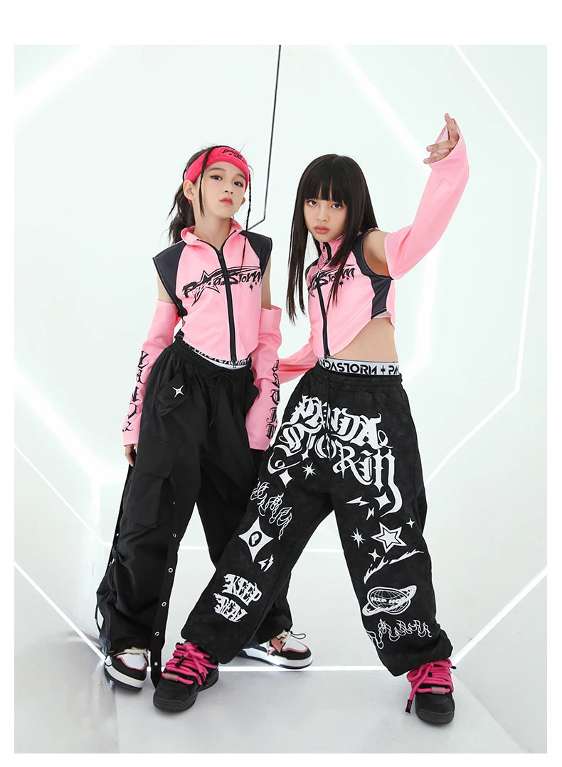 Hip Hop Dance Costume for Girls Pink Tops Black Pants Teenagers Boys Jazz Dance Performance Clothes Kpop Outfits Kids Stage Wear SS69
