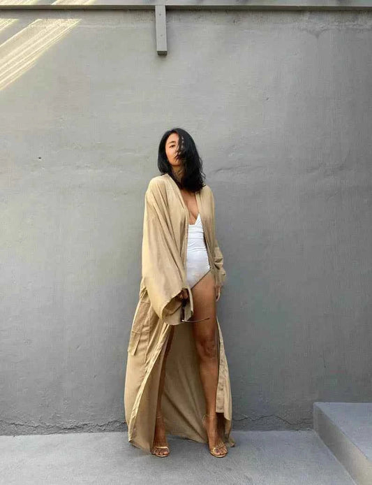 Solid Beach Cover Up Women Self Belted Wrap Kimono Dress Swimsuit 2025 New Robe Summer Beachwear Factory Supply
