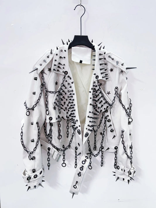 vintage Leather  y2k  Jacket Skull Jacket Punk Jacket  gothic Leather gothic clothes y2k fashion y2k clothes  harajuku Jacket SS69 127.69 Beige / M