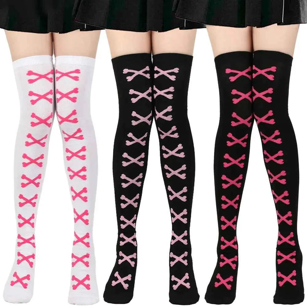 SS69 Women's Bone Print Thigh High Socks - Cotton Blend Cosplay Stockings