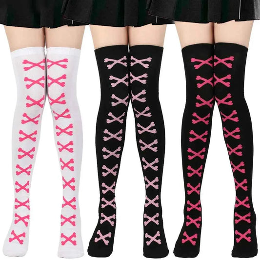SS69 Women's Bone Print Thigh High Socks - Cotton Blend Cosplay Stockings