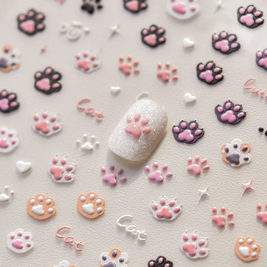 Cute Jelly Pink Cat Paw Print Nail Sticker Kawaii Pink Black Cat Claw 5D Embossed Self-Adhesive Nail Art Sticker Nail Art Decal SS69