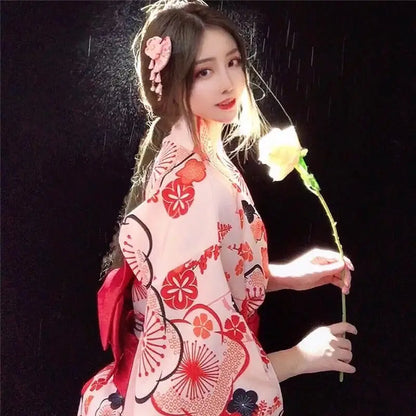 Fashion National Trends Women Sexy Kimono Yukata Dress With Obi Novelty Evening Dress Japanese Cosplay Costume Floral One Size