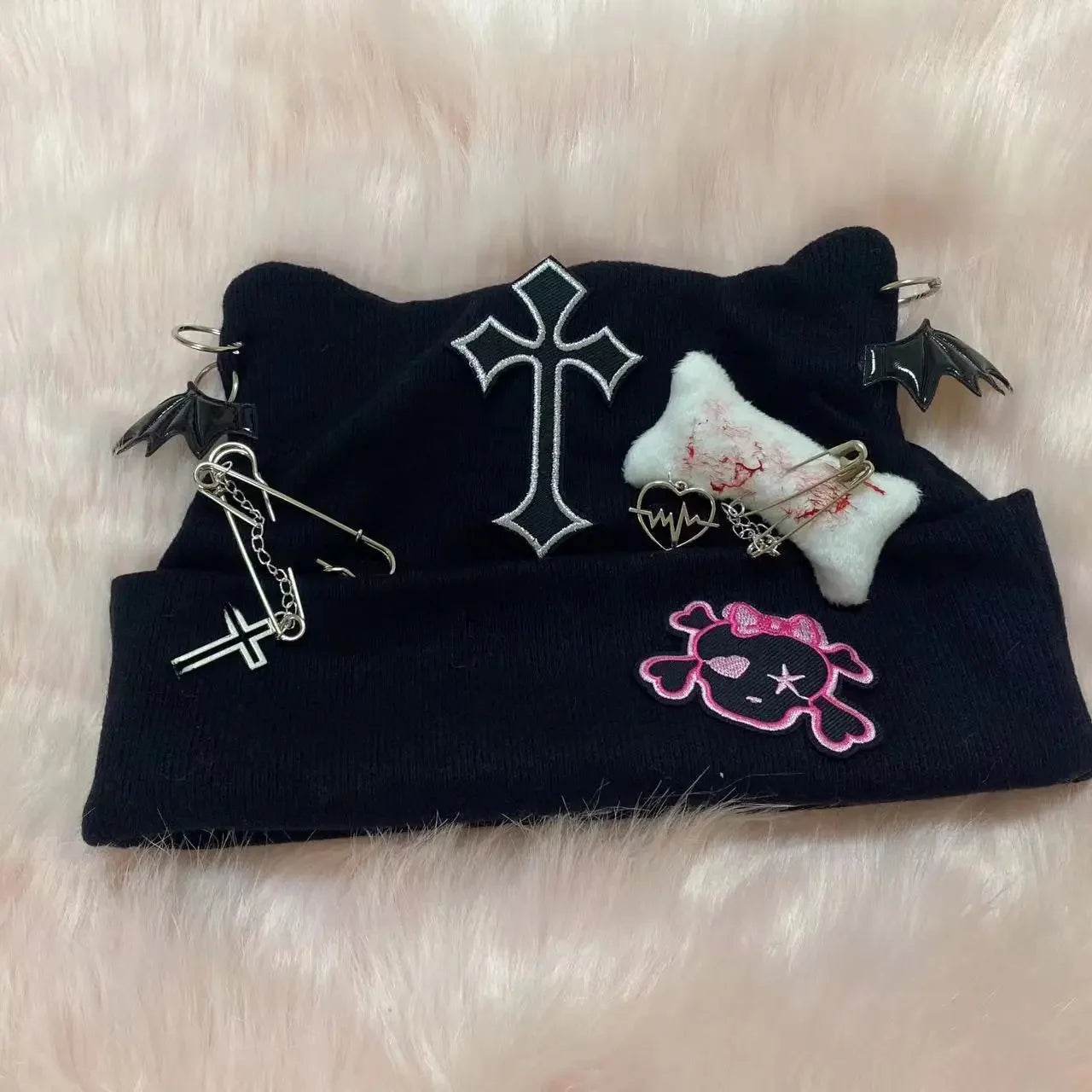 Gothic Punk Cat Ear Hat Cross Skeleton Knitted Black Y2K Girl Subculture Cute Lace Net Hat Chinese Brand None( AE Stock) SS69 14.69 Black Bone cap