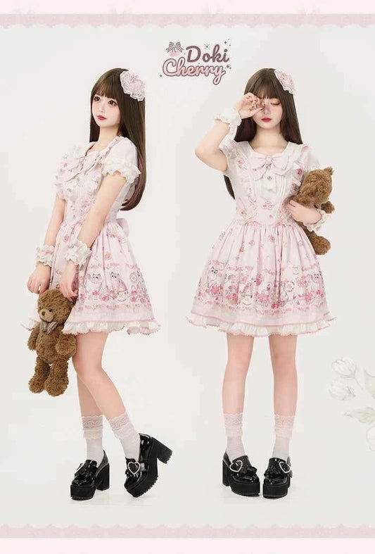 Original New Spring Summer Cute Print Short-sleeved Lolita OP Dress Japanese Sweet Girl Mass-produced Kawaii Bow Short Dresses