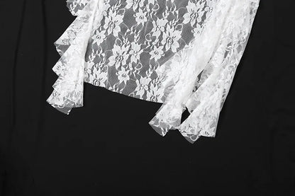 SINGREINY Women Lace Irregular Long Dress Camis Sheath Sensual Sheer Dress Fashion Streetwear Hollow Out Ruffles Sexy Dresses