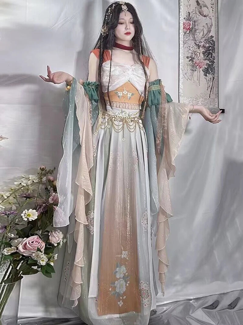 Ancient Chinese Hanfu Dress Women Halloween Princess Loulan Dunhuang Feitian Cosplay Costume Dance Dress Party Outfit Hanfu Sets SS69 99.69 set with waist chain 1 / XL