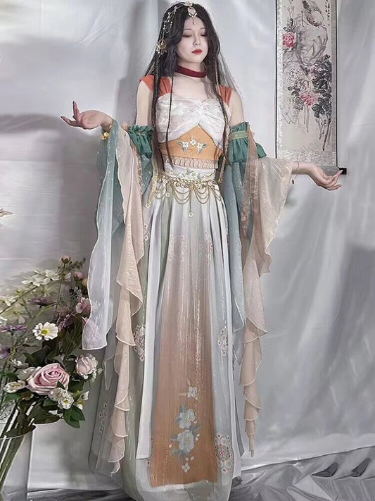 Ancient Chinese Hanfu Dress Women Halloween Princess Loulan Dunhuang Feitian Cosplay Costume Dance Dress Party Outfit Hanfu Sets SS69 99.69 set with waist chain 1 / XL