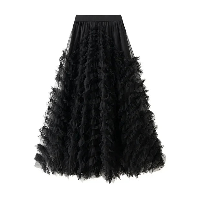 Tiered Tulle Maxi Skirt - Elegant A-Line High Waist Mesh