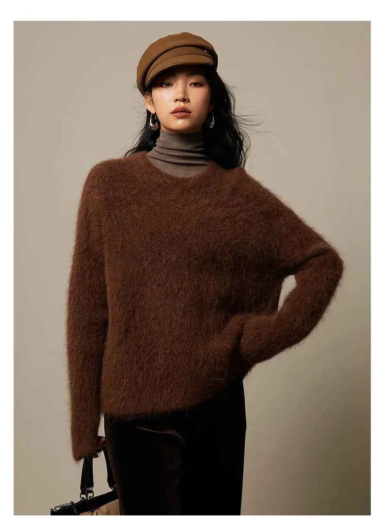 Warm Alpaca Pullovers for Woman, Dropped Sleeved Loose Sweaters, 2025 Fall Winter Top, Camel, Beige