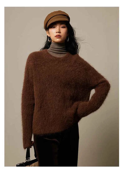 Warm Alpaca Pullovers for Woman, Dropped Sleeved Loose Sweaters, 2025 Fall Winter Top, Camel, Beige