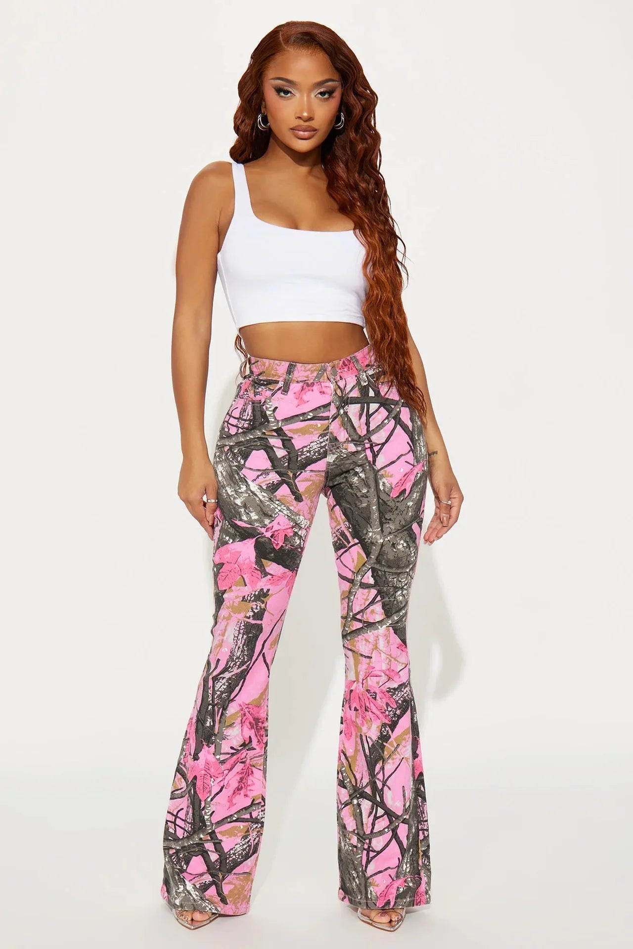 FAGADOER Y2k Fashion Pink Camouflage Print Pants Women Button High Waist Flare Pants Female INS New Autumn Streetwear Bottoms SS69